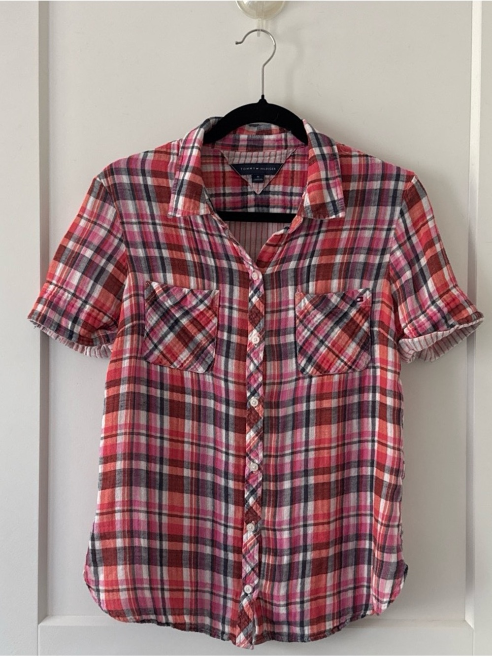 Tommy Hilfiger Pink Red and Gray Plaid Short-Sleeve Button-Down Shirt